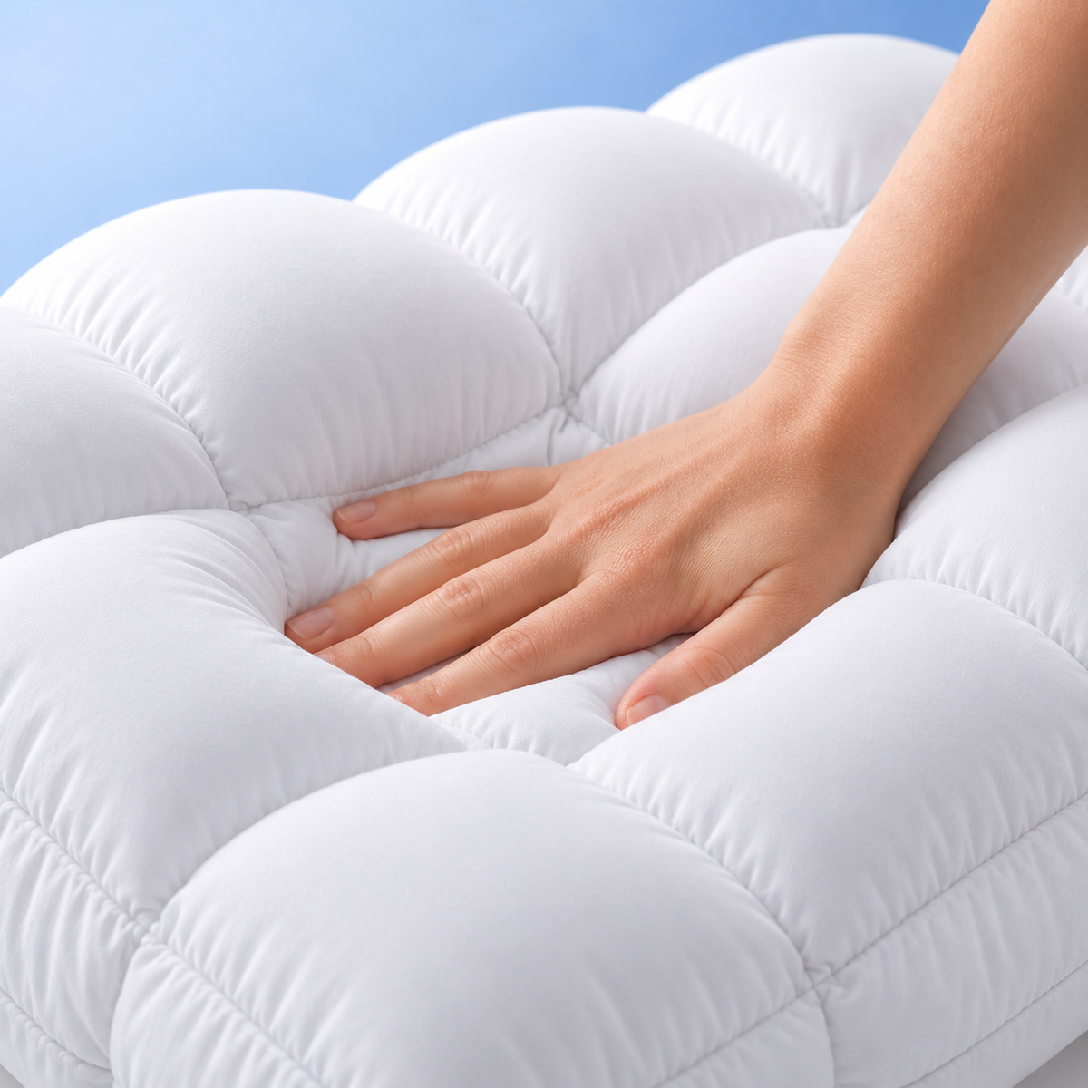A hand pressing into one cell of the pillow while the others stay full
